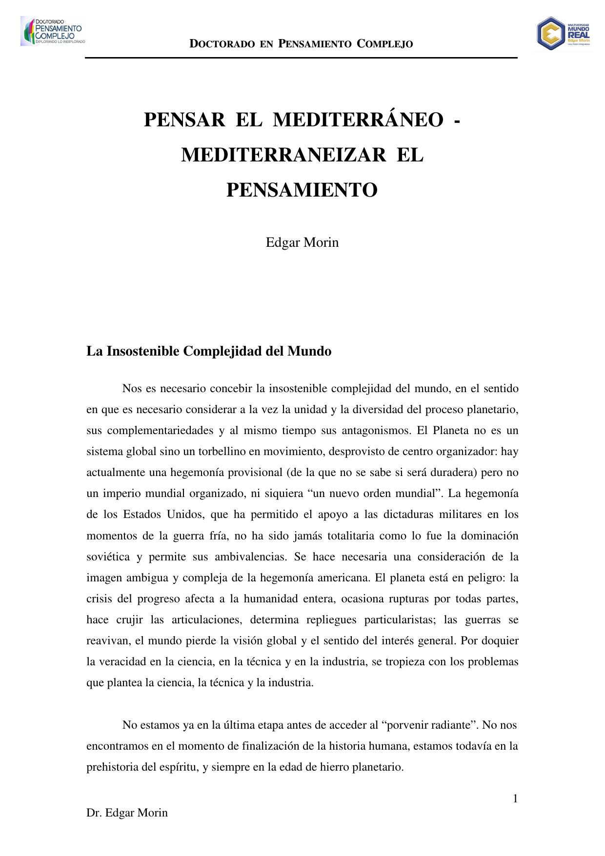 Pensar el Mediterraneo - Mediterreneizar el pensamiento